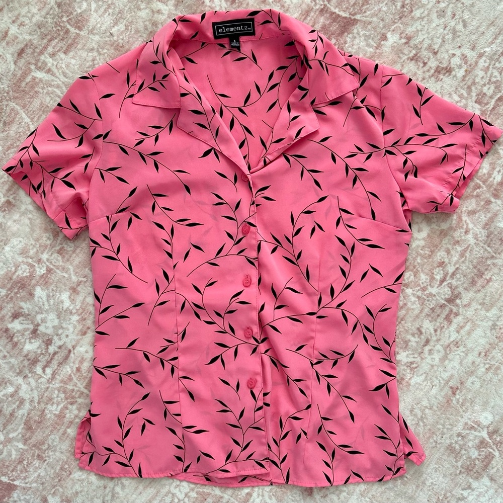 Elements by Nina Pink and Black Leaf Button Down Shirt
